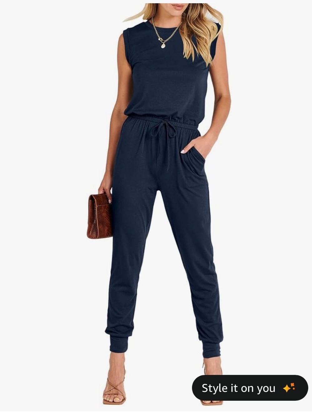 Anrabess Sleeveless Navy Jumpsuit with Drawstring Waist- GUC